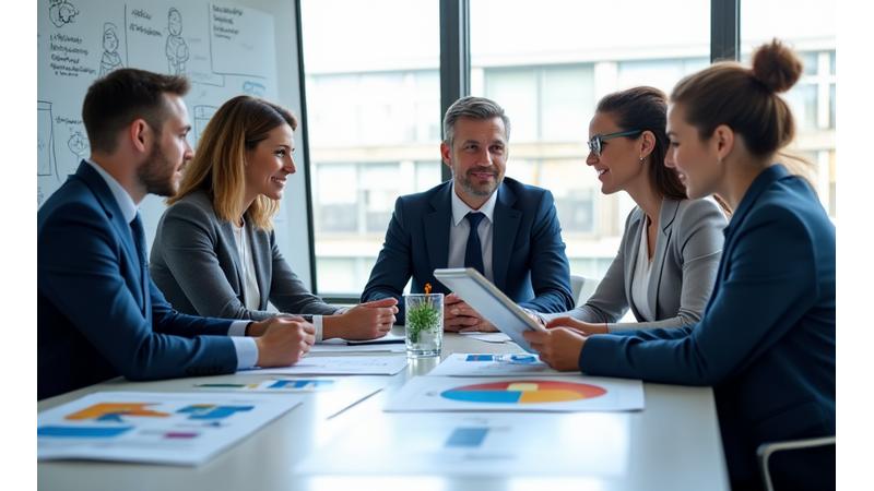 Consultants discutant autour d'une table avec des graphiques climatiques et des documents