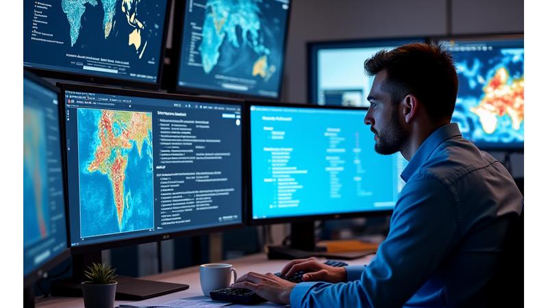 Analyste travaillant devant plusieurs écrans affichant des visualisations de données climatiques
